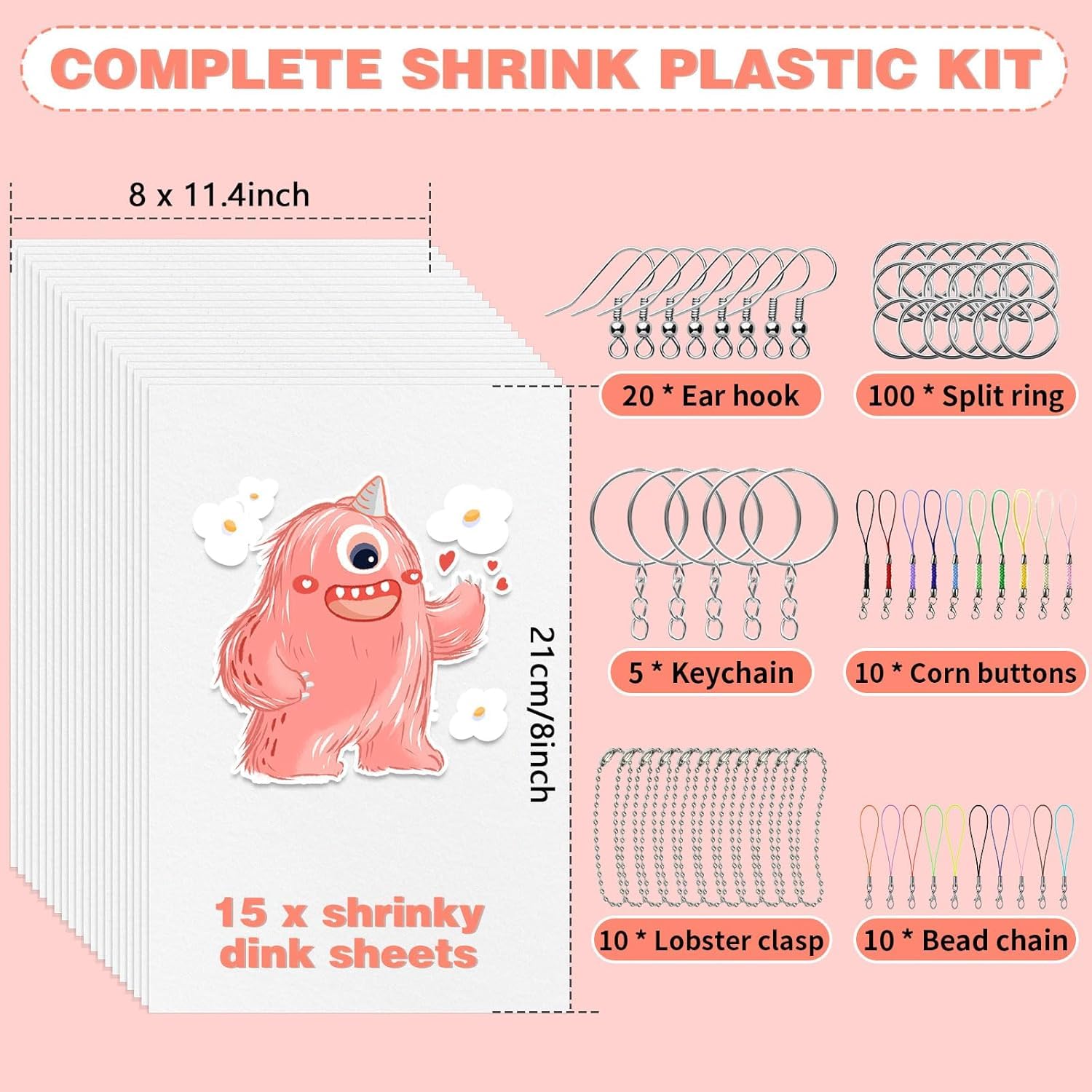 TUPARKA Kit di fogli di plastica retrattile 81 pezzi, include 20 fogli di carta artistica termoretraibile vergini, perforatrice, 30 portachiavi, 20 ganci per le orecchie e 10 spille