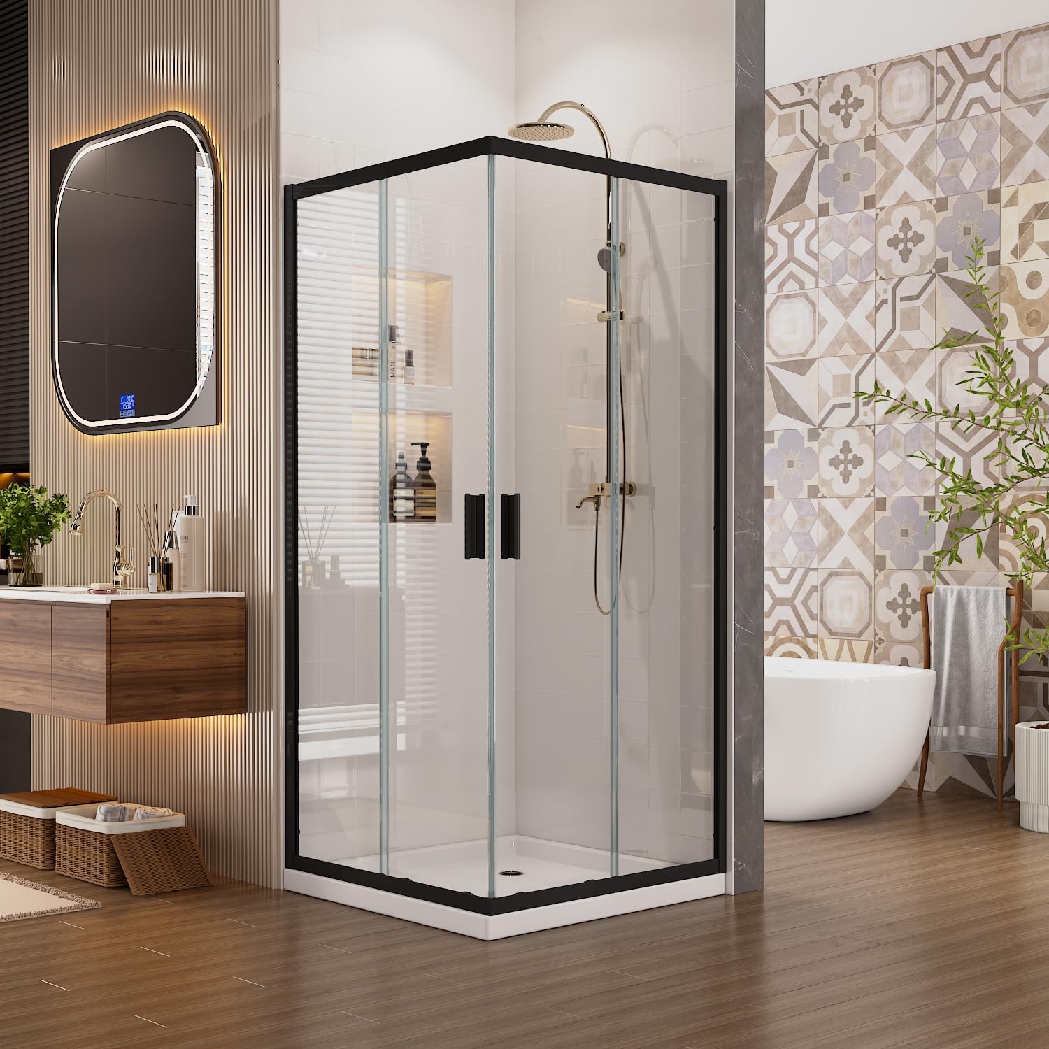 Sunrosa Corner Sliding Shower Enclosure 36" x 36" x 72", Magnetic Closing, Tempered Glass 1/4" Double Sliding Shower Door, Corner Shower Door Black