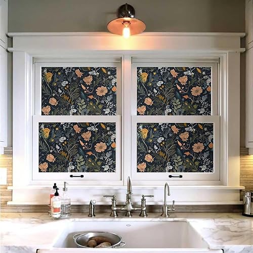 Miniatura 4 de Papel tapiz autoadhesivo de flores silvestres naranjas y blancas de 18 x 236 pulgadas en negro oscuro, papel de contacto extraíble para despegar y