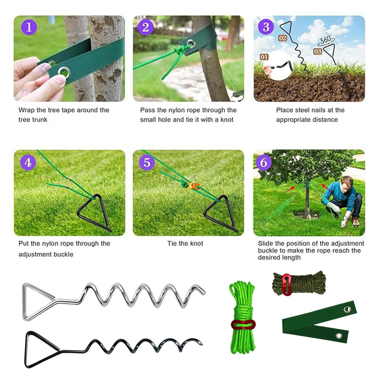 Robustes Baumpfahl-Set, Spiralpfähle für festen Halt in allen Bodenarten während der Gartenarbeit, um Bäume zu glätten, Baumglättungsset für anlehnende Bäume