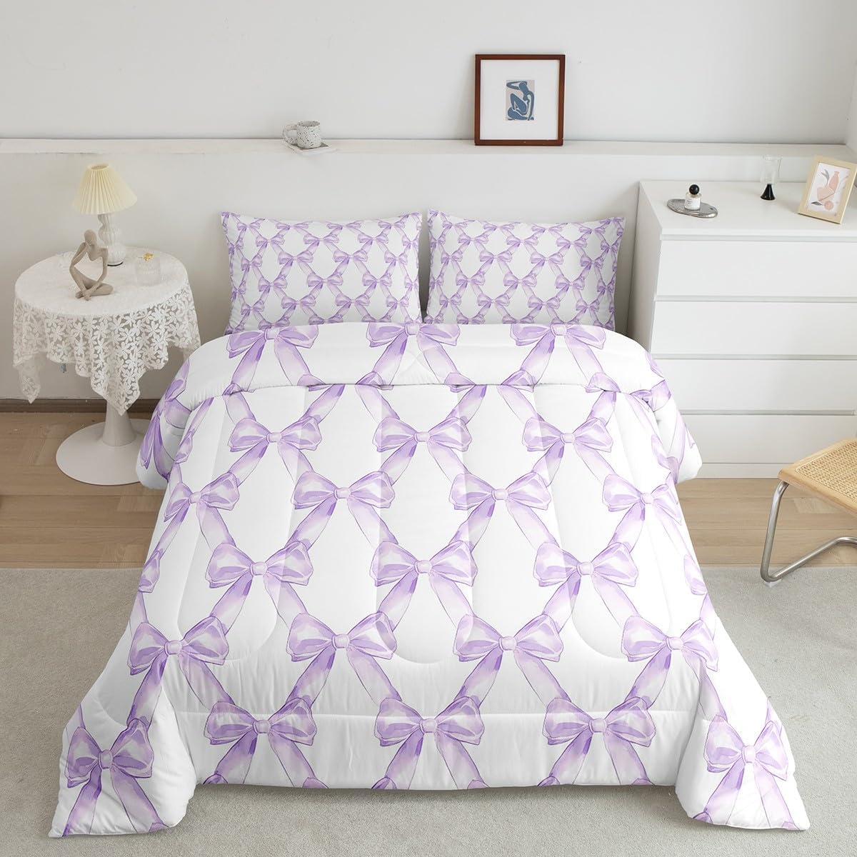 Erosebridal Bow Bedding Comforter Sets Dreamy Princess Style Bowknot Bedding Set Purple Watercolor Bow Tie Comforter Set Full Size for Kids Boys Girls Room Decor,Geometric Ribbon Bowknot Quilt Duvet