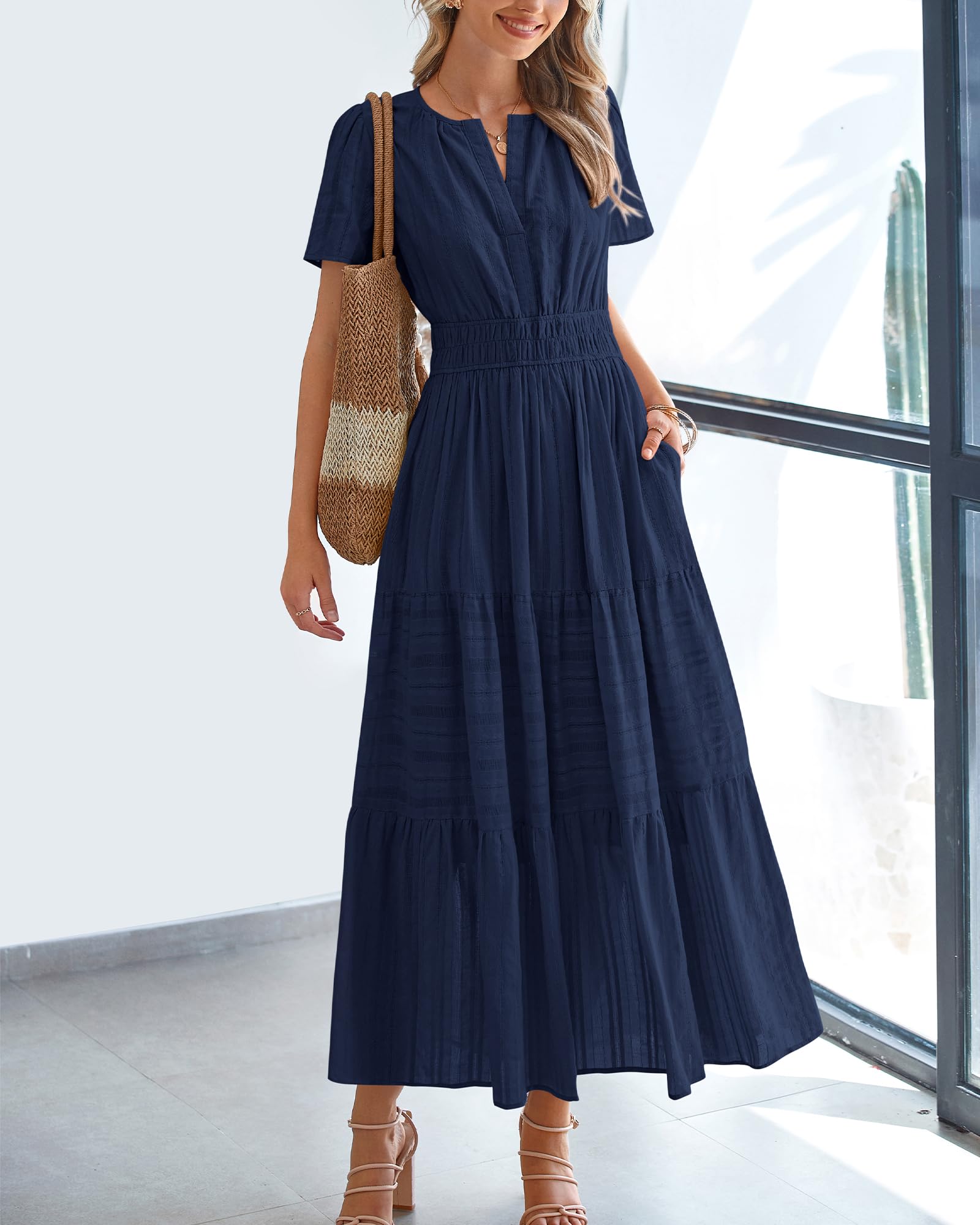 BTFBM Womens Summer 2025 Casual Midi Maxi Dresses Lightweight Short Sleeve V Neck Elastic Waist Boho Beach Dress Pockets - Image 2
