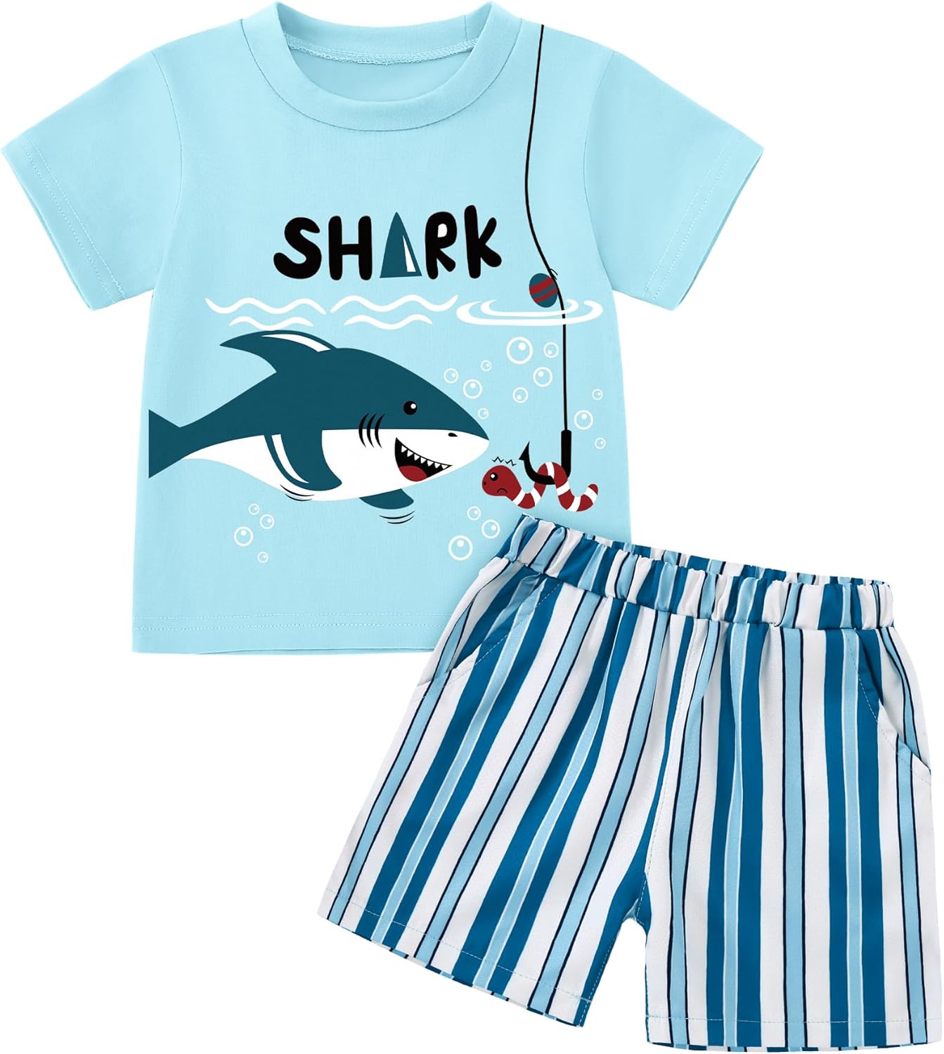 Toddler Baby Boy Summer Outfits Crew Neck T-shirt+Striped Shorts Set with Pockets Casual 2 Piece Clothes 1-6 Years