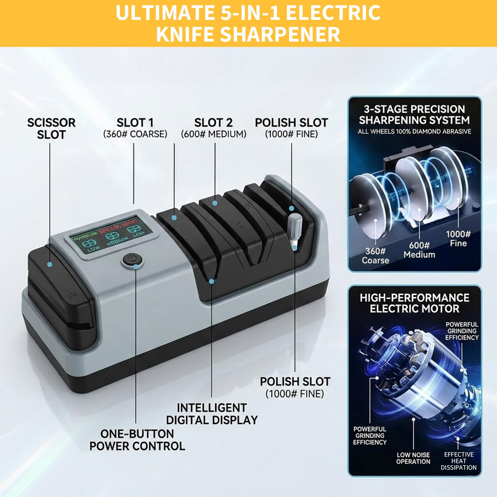Aiguiseur de couteaux électrique avec écran LCD, 3 vitesses réglables, eguiseur de couteau professionnel pour couteaux droits, dentelés et en céramique et ciseaux