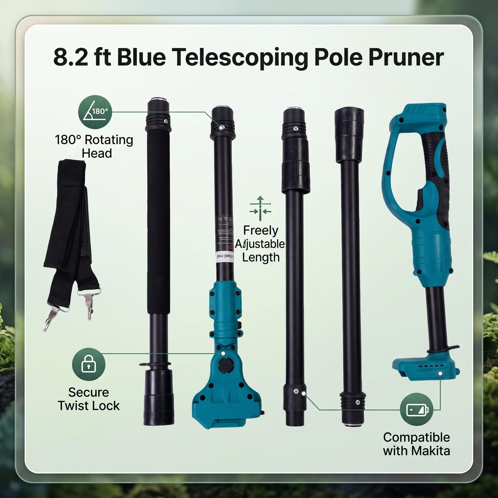 ViaGasaFamido Pértiga de Extensión de Sierra de Podar para Batería de 18 V | Ajustable de 8.2 pies, ABS y aleación de aluminio, con correa para el hombro, cabezal giratorio de 180 grados, 5 secciones