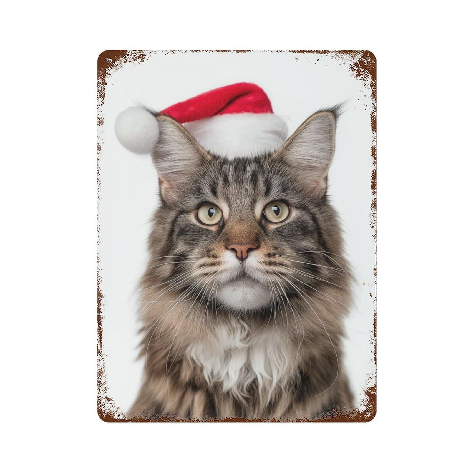 Maine Coon Cat with Santa Hat Portrait Retro Metal Sign 15.7"x11.8", Classic Wall Plaque for Garage, Pub Or Kitchen
