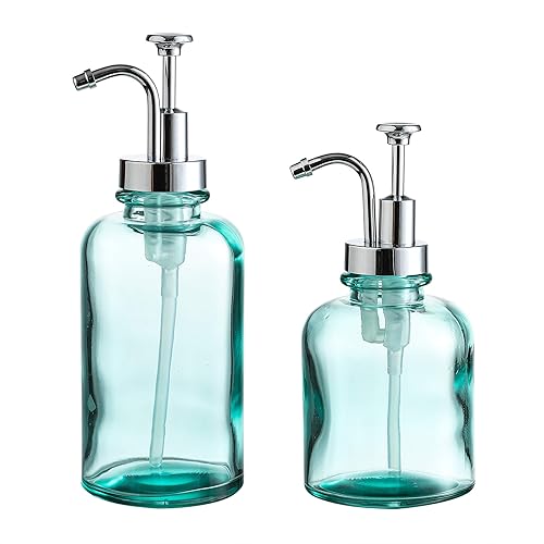 WHOLE HOUSEWARES Dispensador de jabón y loción de vidrio transparente azul para baño Juego de 2 unidades de 12 y 10 onzas Bomba de diseño único,