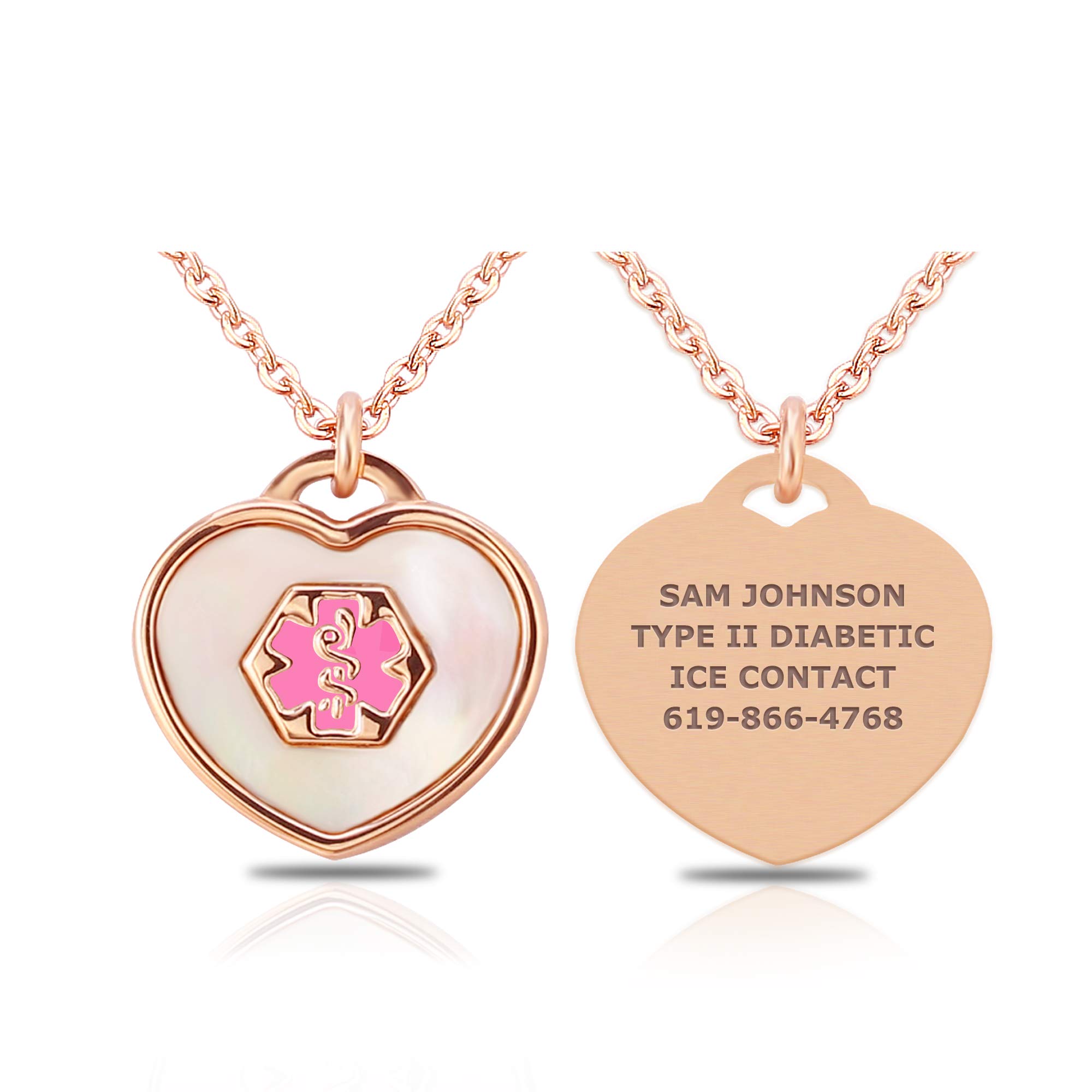Divoti Medical Alert Necklace for Women | Custom Engraved 4 Lines with White Caduceus, Mother of Pearl Heart Abalone Shell