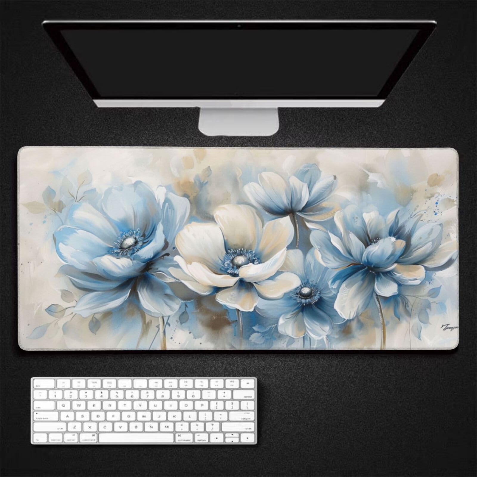 Tappetino Mouse XXL Fiore & Blu, 100 x 50 cm Tappetino da Scrivania G496 | Tappetino per Mouse, Base in Gomma Antiscivolo, Superficie Impermeabile, Bordi Cuciti, Tappetino Scrivania per Ufficio, Gioco