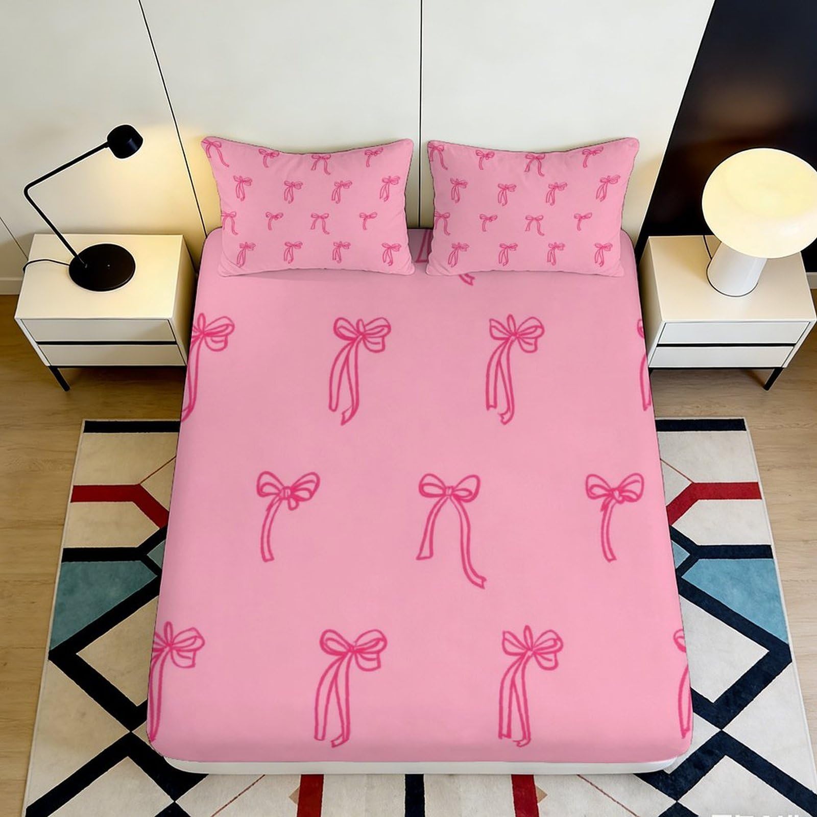 3D Printed Pink Bow Fitted Sheet Microfiber Soft Breathable Ribbon Pattern Mattress Cover for Bedroom Dormitory Guest Room Protection Decoration 200x200x25cm