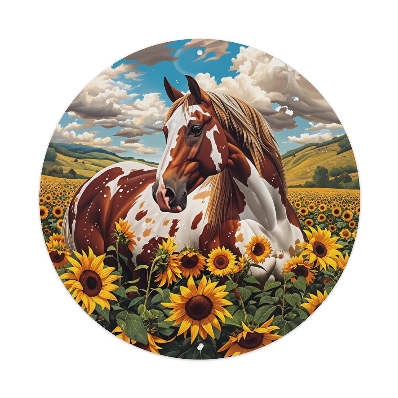 Horse In Sunflower Field Pattern Vintage Metal Tin Sign Retro Wall Decor for Home Bar Garage Cafe, Indoor & Outdoor Decorative，circle Metal Poster, 8x8 Inch