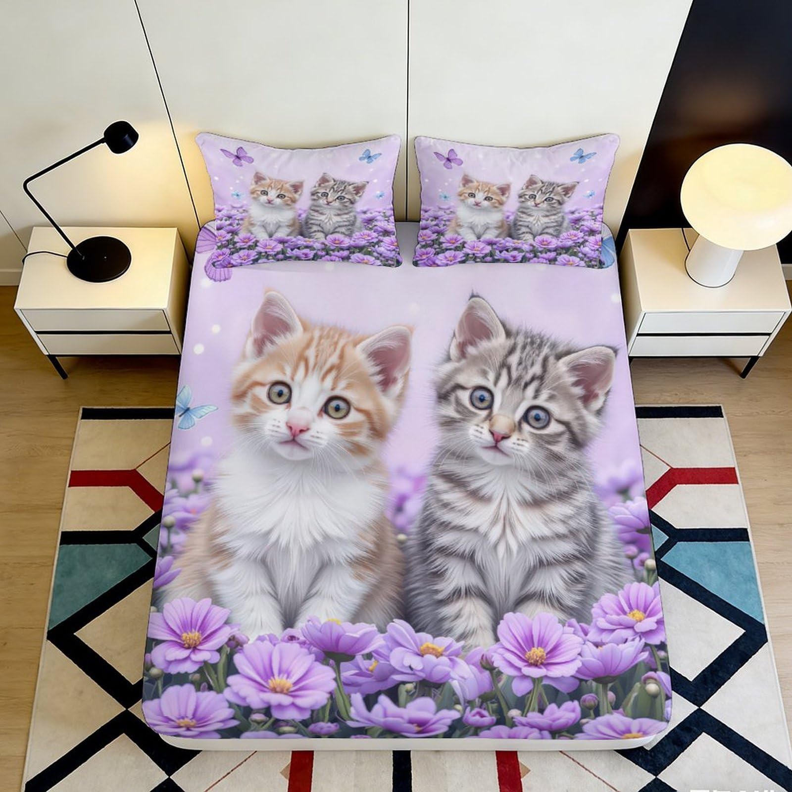 3D Printed Cute Tabby Kitten Fitted Sheet Microfiber Soft Purple Floral Mattress Cover for Bedroom Dorm Bed Decoration 90x200x25cm