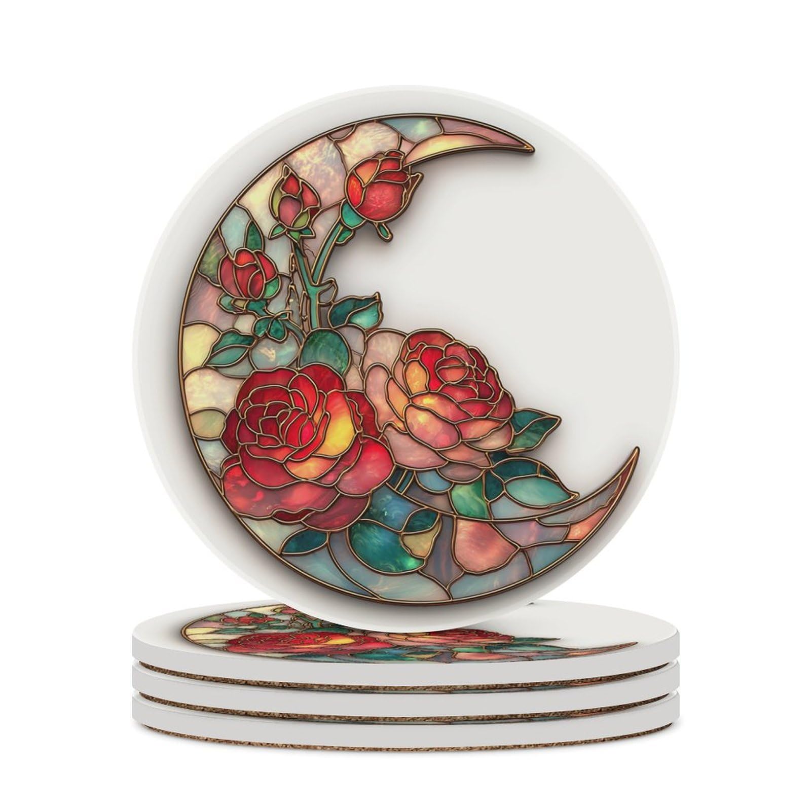 Jubonexis White Stained Glass Suncatcher Crescent Moon With Roses Coasters Set Of 4 Absorbent Coasters