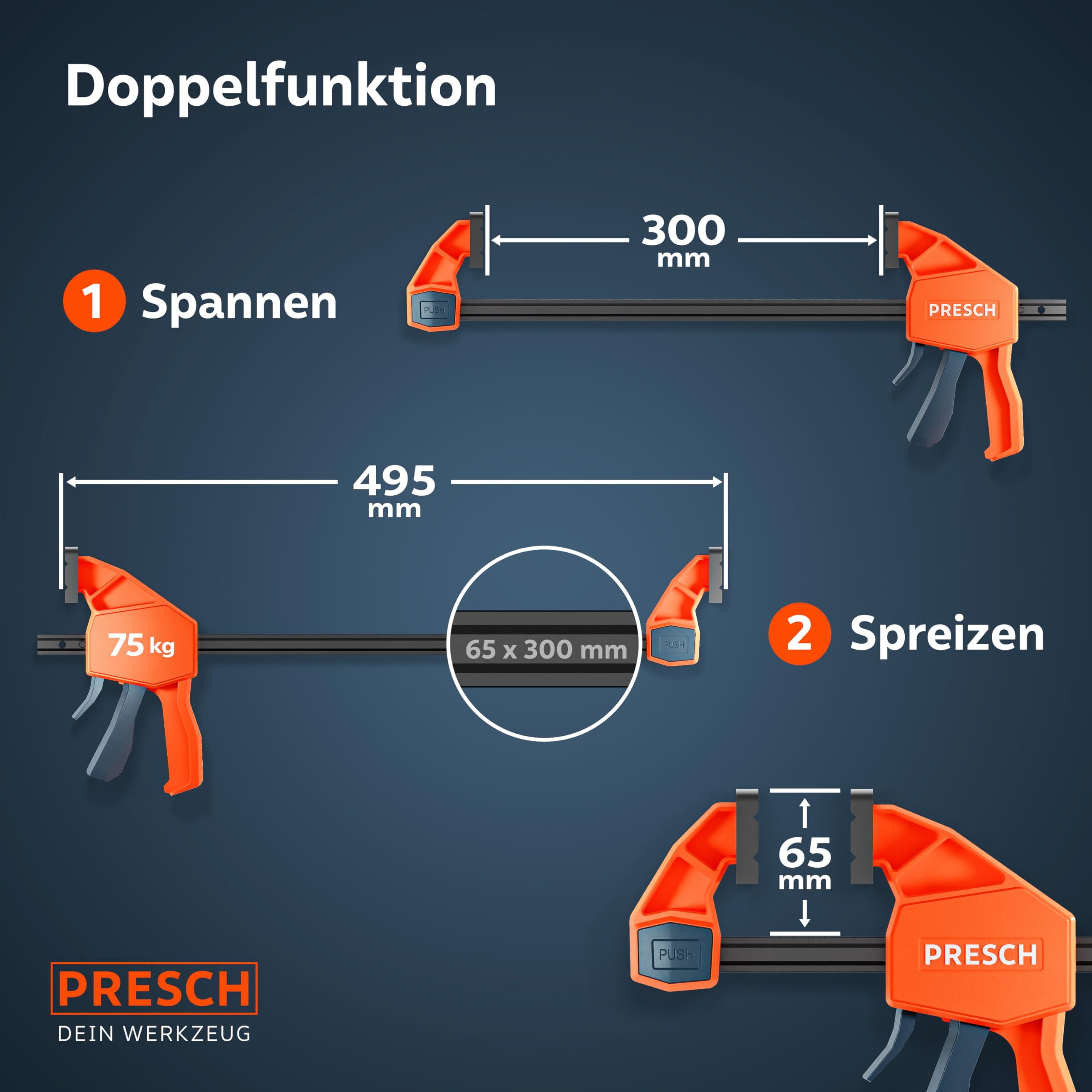 PRESCH Einhandzwingen 150mm & 300mm 4 Stk. – Zwingen Set mit 75kg Spannkraft für sofortiges Fixieren – Robuste Schnellspannzwingen dank Carbonstahl & glasfaserverstärktem Gehäuse – Mit Spreizfunktion