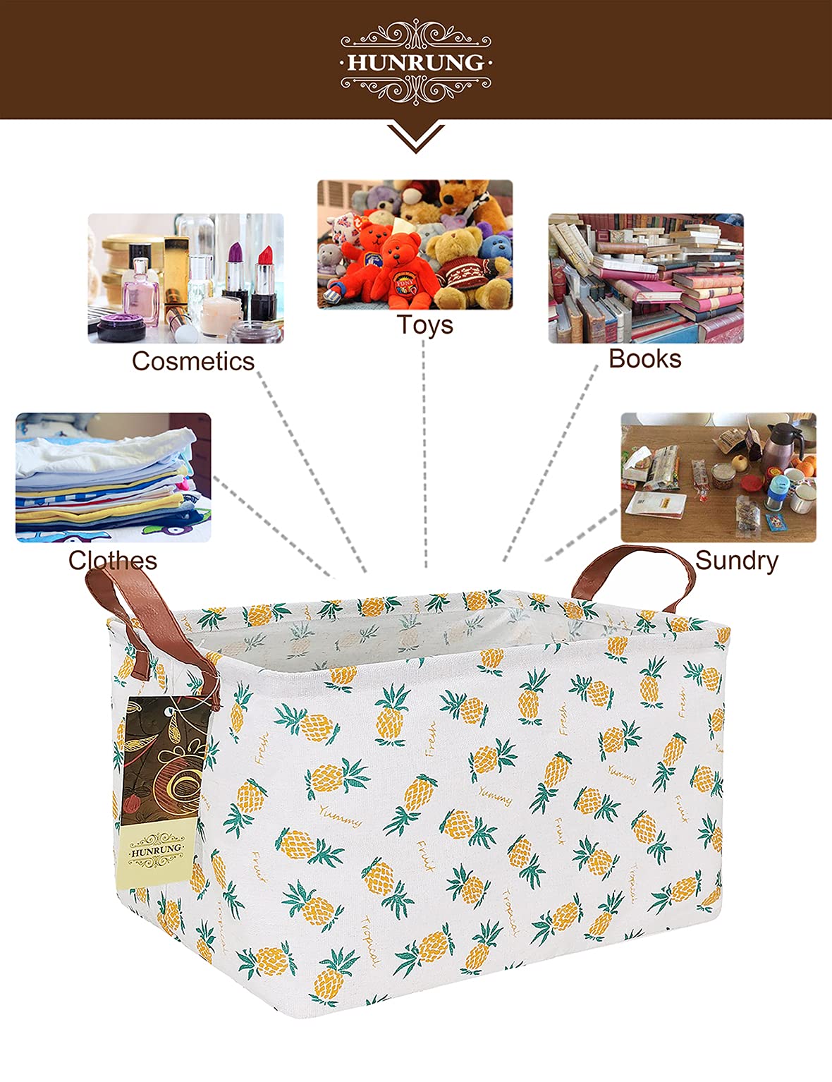 Rectangle Canvas Storage Basket Foldable Waterproof Toy Organizer Bin with Handles Fabric Collapsible Storage Bins for Shelves Kids Room Playroom Nursery Clothes and Pet Supplies(Rectangle Pineapple)