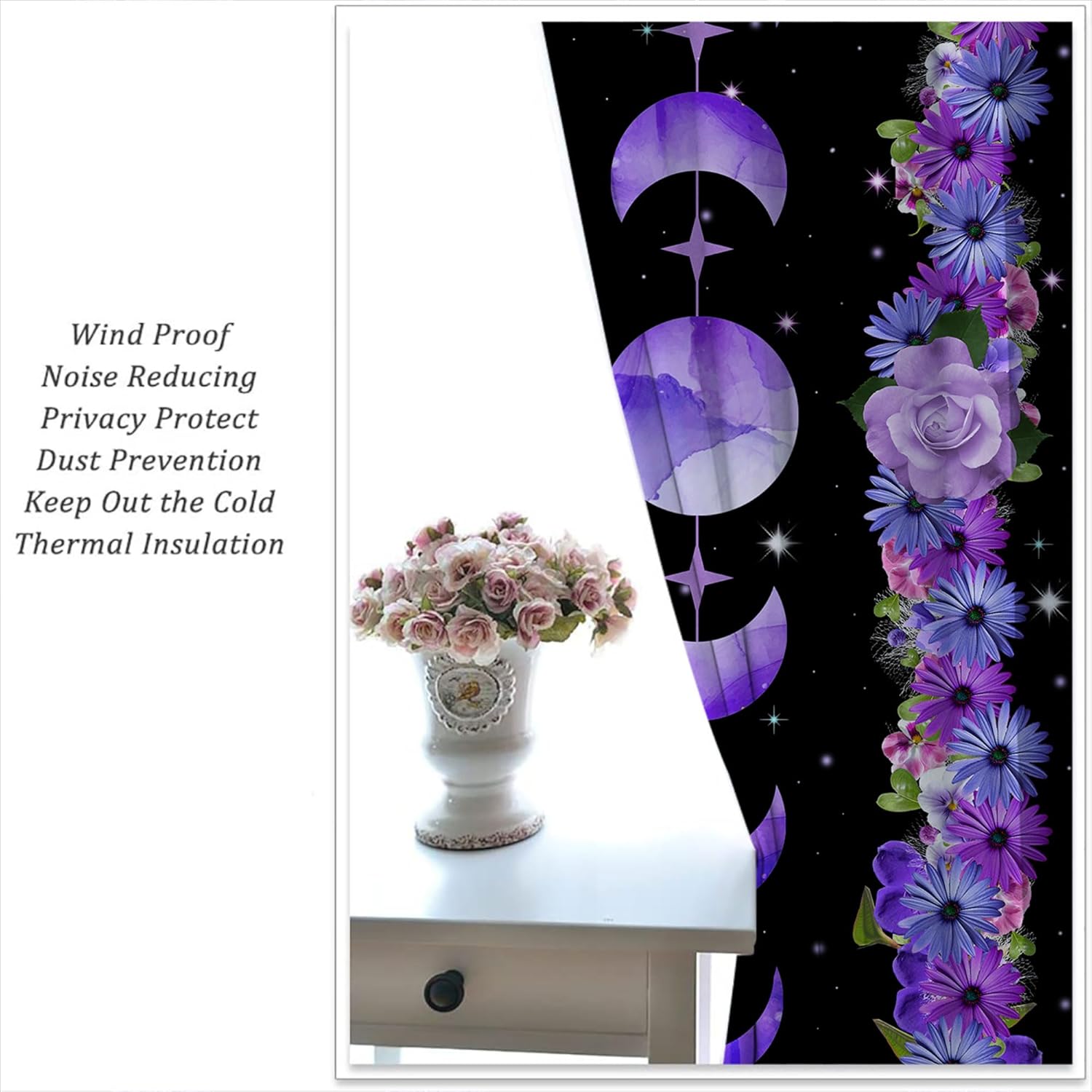 LHROOMJK ボヘミア ムーン ロッドポケット 遮光カーテン 男の子 女の子 寝室用 美しい紫色の花と星 エネルギー効率 ホーム