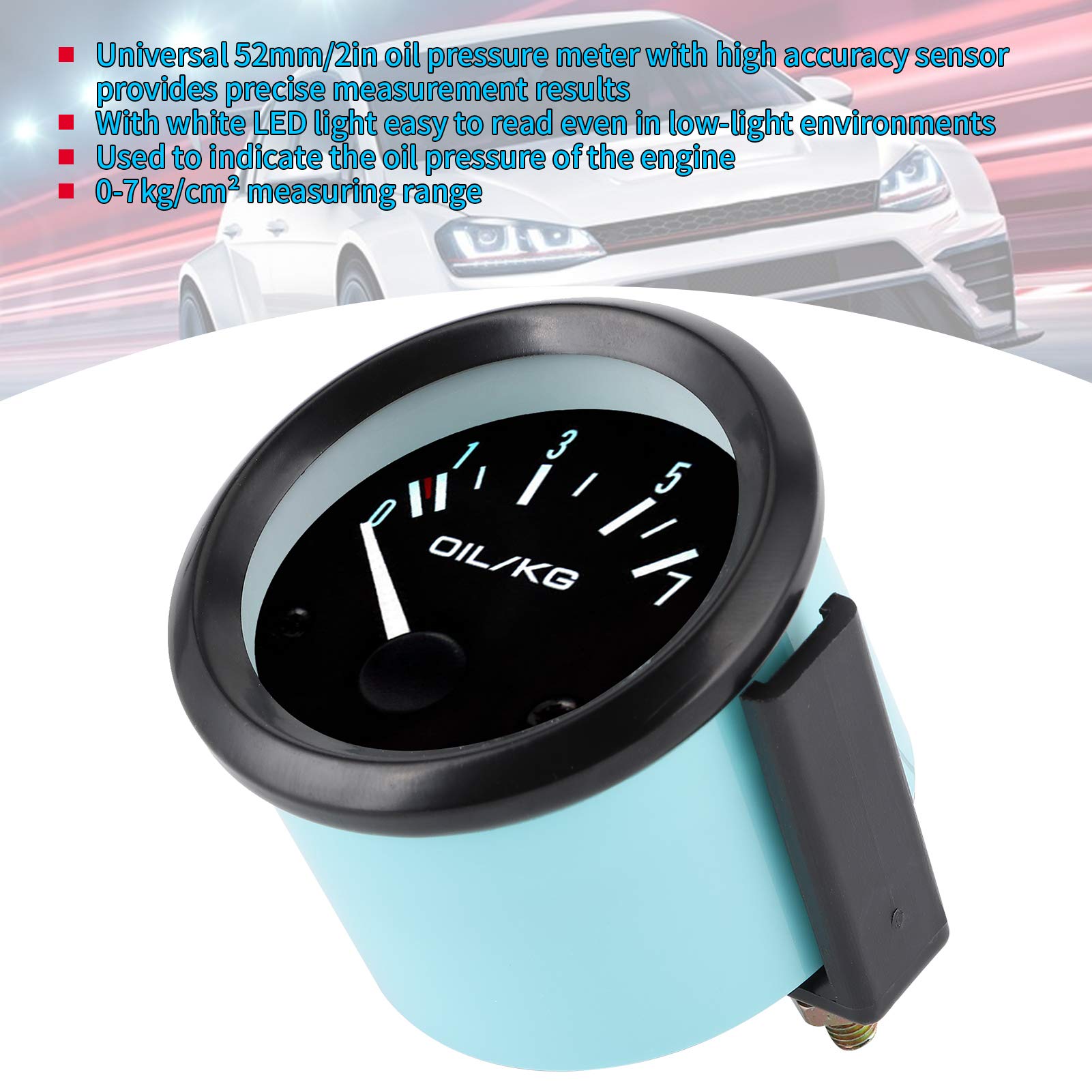 Compteur de Pression D'huile 12 V, Manomètre D'huile Universel 12 V 0-7 kg/cm² 52 Mm de Diamètre, Instrument de Voiture avec Capteur, Lumière LED Blanche