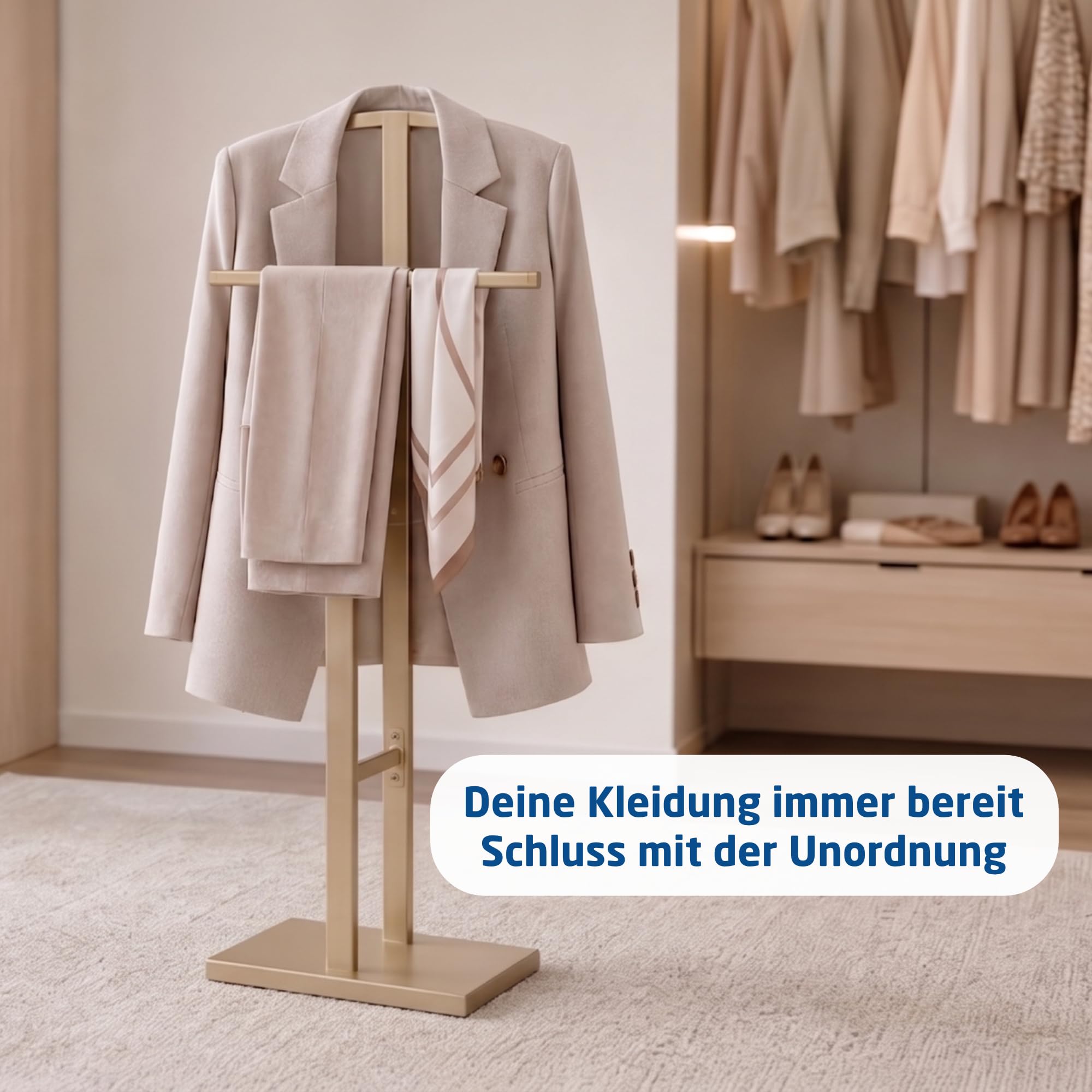 Herrendiener Mod. ADAK - Farbe Mattgold - Mit Oberer Kleiderstange und Hosenstange - 52 x 18 x 100 cm - Stahl mit Betonbasis - Herrendiener für das Schlafzimmer