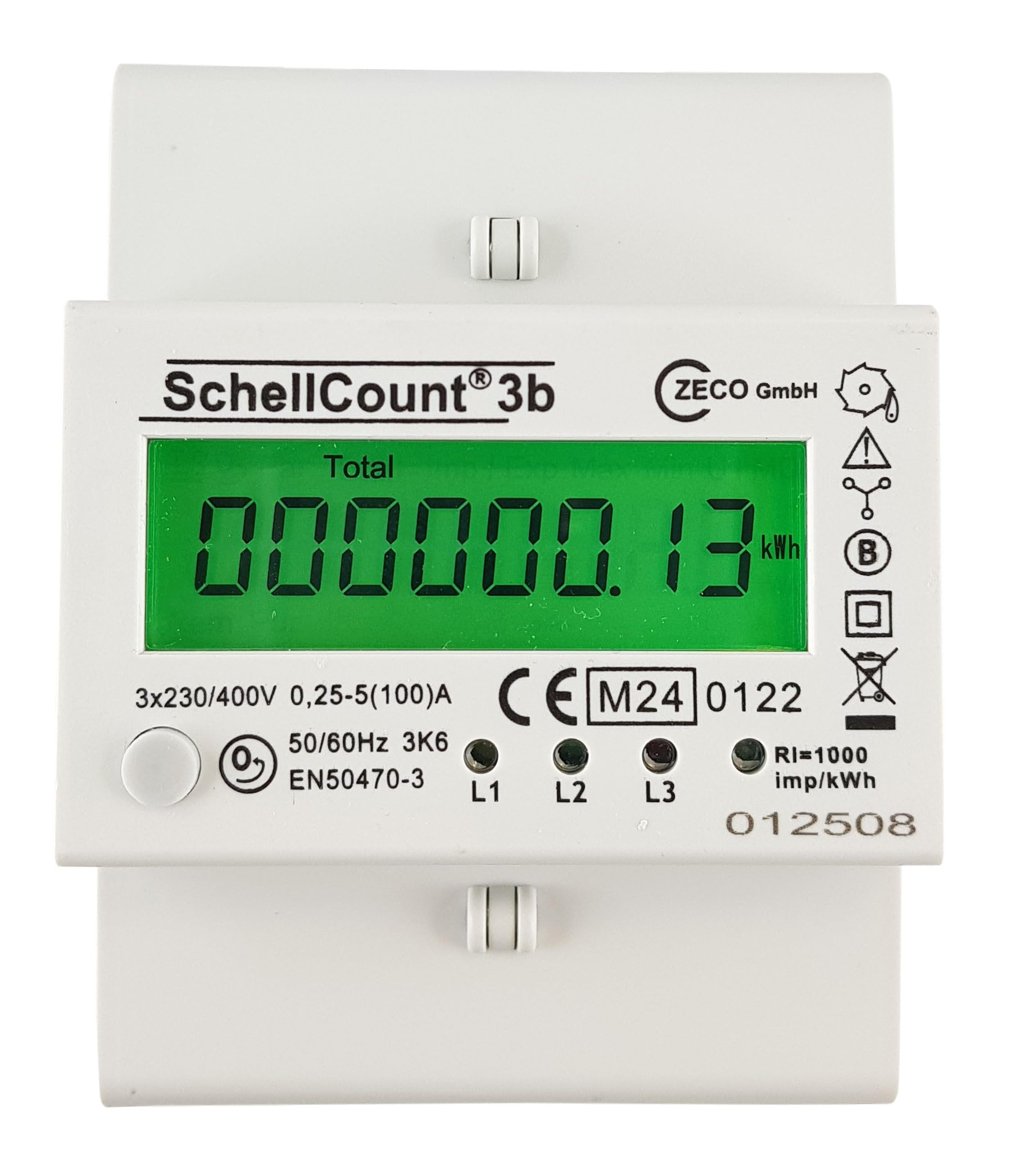 Stromzähler für Hutschiene mit Tageszählwerk (rückstellbar) und Lastanzeige, Drehstromzähler 100A, 3,9TE, S0, digital LCD beleuchtet, (Grün)