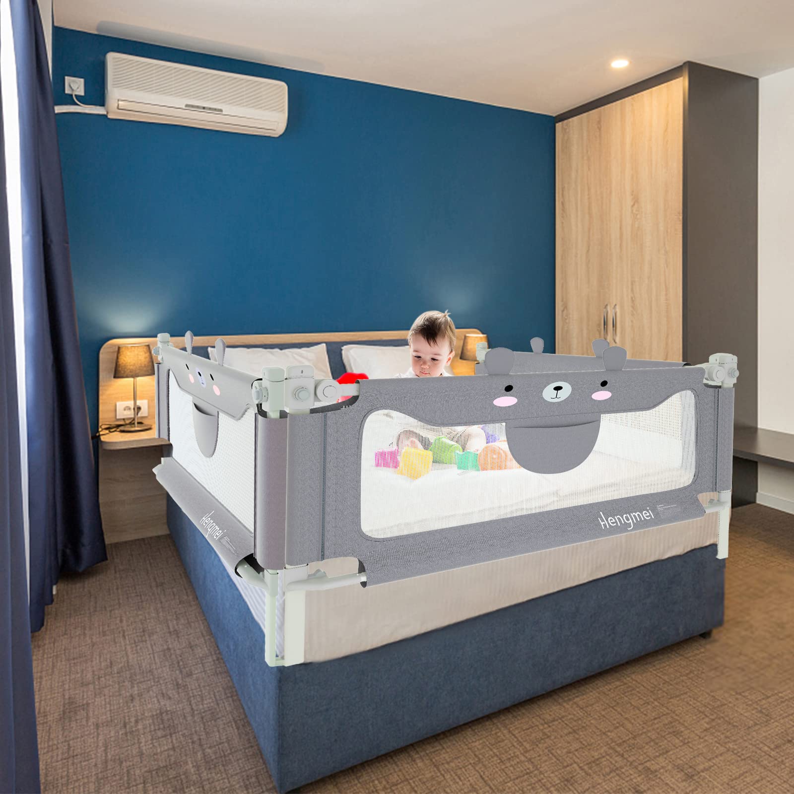 Hengmei - Barrière de lit - Réglable en hauteur - 150 cm - Protection anti-chute - Pour bébé et enfant (ourson)