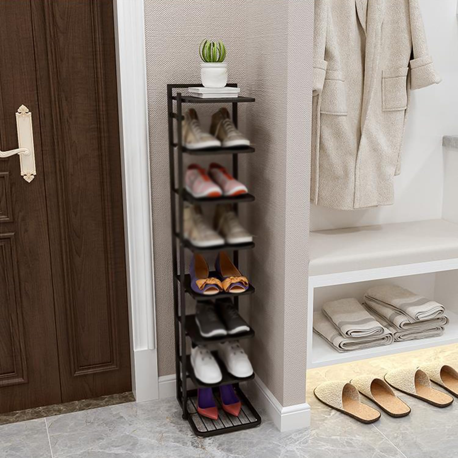 POLGDW 10 Tier Tall Narrow Shoe Rack Metal Corner Shelf Tower Free Standing Vertical nizer for Entryway & Bedroom Space Saving Floor Cabinet in Black