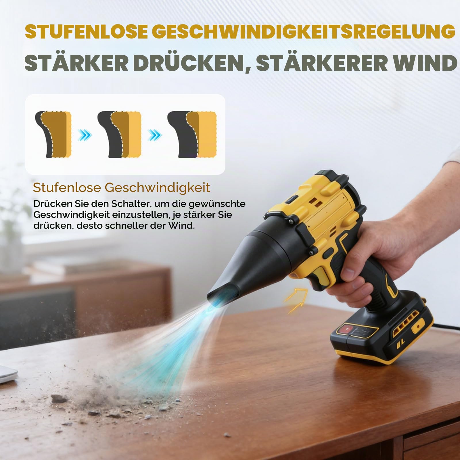 Kabelloser Staubsauger-Bläser für Dewalt 18/20V, 2 in 1 Handstaubsauger bürstenloser Laubbläser 85000 U/min mit einstellbarer Geschwindigkeit und 5 Düsen für Auto, Haus, Büro, Küche (kein Akku) (Gelb