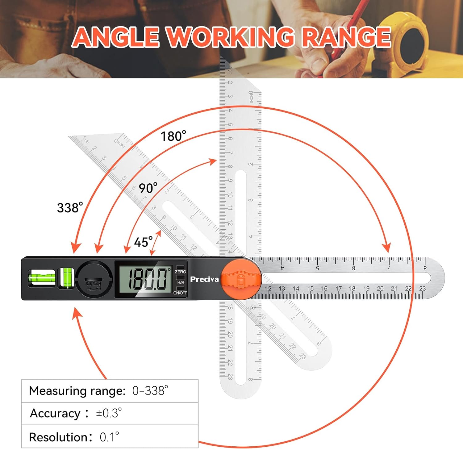 Diagram illustrating the angle working range, accuracy, and resolution of the digital protractor.