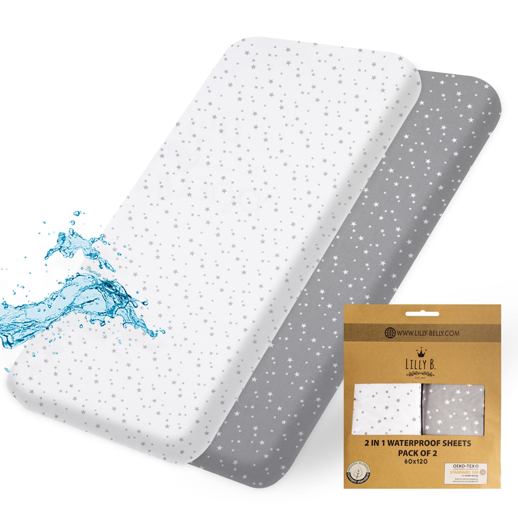 Lilly B. Next to Me Crib Sheets - Organic Cotton Pack of 2 Waterproof Cot Sheets 120x60 Fi...