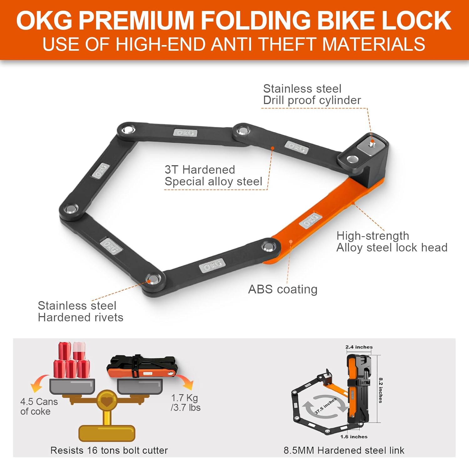 OKG Folding Bike Lock - 3.7lb, 4 Keys, 3 ft Foldable Bicycle Lock, 9/10 Security Grade, Alloy Steel- Anti-Theft, Anti-Cut, Anti-Pry, with Mount Bracket Kit- for E-bikes, Scooters (95cm, Black), Large