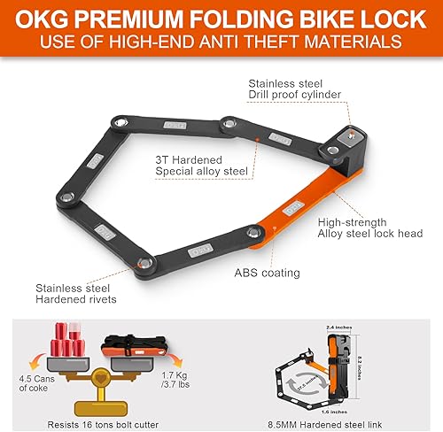 Miniatura 3 de OKG Candado plegable para bicicleta, 3.7 libras, 4 llaves, cerradura plegable de bicicleta de 3 pies, grado de seguridad 910, acero de aleación,