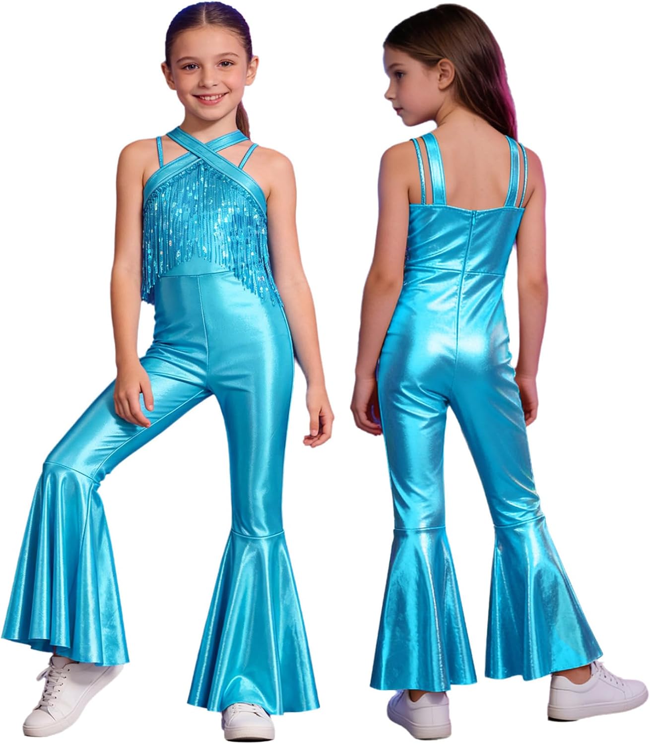 Girls Sequin Fringe Latin Dance Jumpsuit Sleeveless Halter Bell Bottom Hip Hop Jazz Performance Leotard