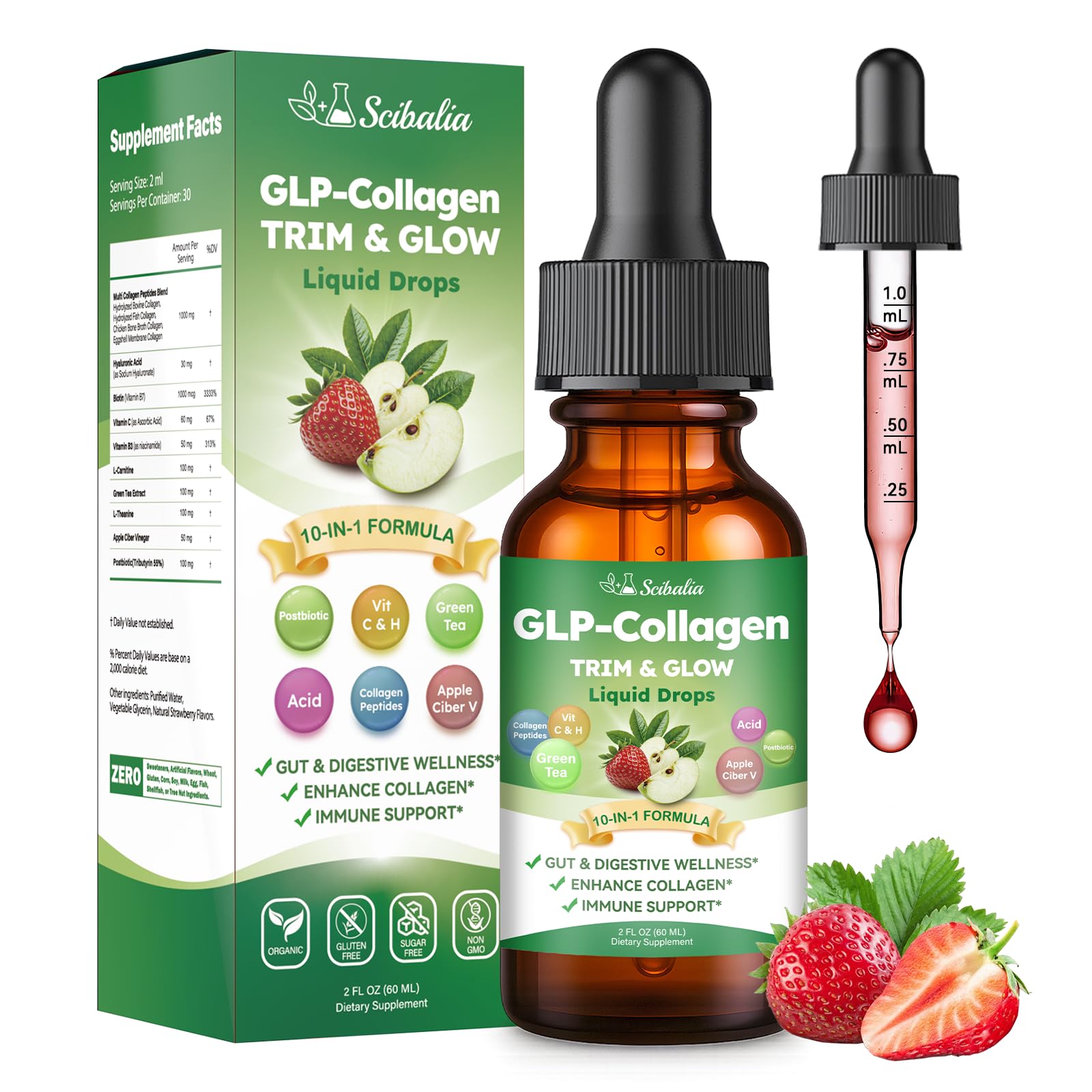 Liquid Collagen for Women, GLP Friendly 10-in-1 Multi Collagen Trim & Glow with Hyaluronic Acid Biotin Green Tea & ACV, Hydrolyzed Collagen Burn Drops for Digestive Gut Skin Health & Hair Growth