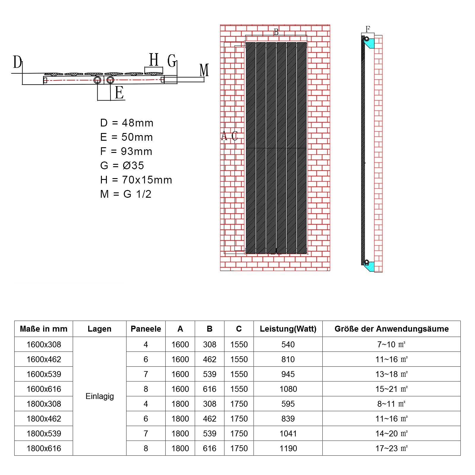 ELEGANT Heizkörper Flach 1600x308mm Weiß Vertikal mit Chrom Multiblock Thermostat Mittelanschluss