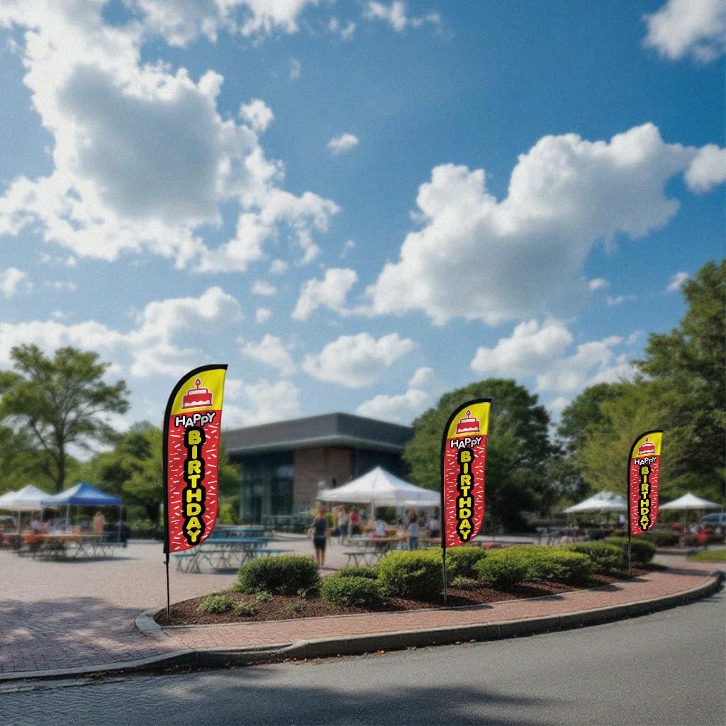 LookOurWay Feather Flag Set - 5ft Tall Advertising Banner Flag with Pole Kit and Ground Spike for Business Promotion - Happy Birthday