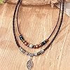 Tied By Love PU Leather Natural Boho Leaf Necklace Pendant Bohemian Style Wooden & Metal Beads Ethnic Long Chain Unisex 40cm Adjustable To 76cm #4