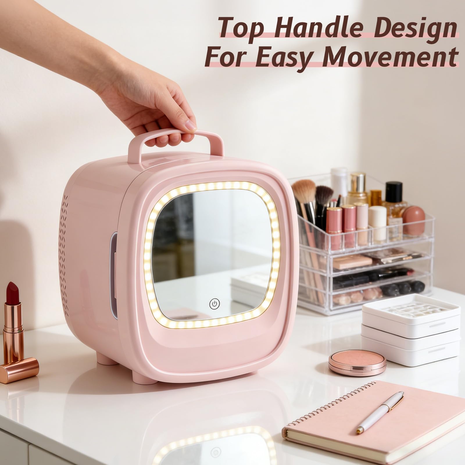 Mini Réfrigérateur 6L, Mini Frigo Cosmétique avec Miroir LED, Portable Thermoelectrique Chauffe & Refroidisseur, AC/DC pour Chambre, Soins de la Peau, Boissons, Bureau, Dortoir et Voiture (Rose)