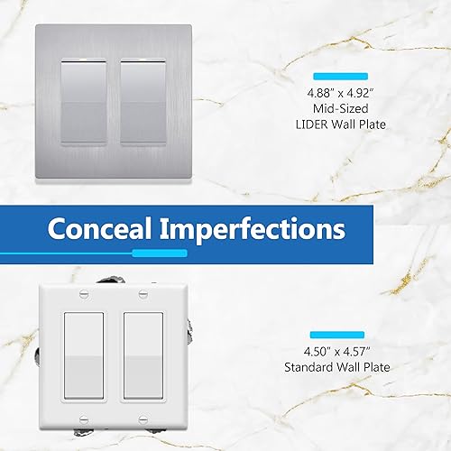 Miniatura 266 de LIDER - Cubierta decorativa de interruptor doble con acabado mate, placa de pared sin tornillos, tamaño mediano, 2 bandas, 4.88 x 4.92 pulgadas
