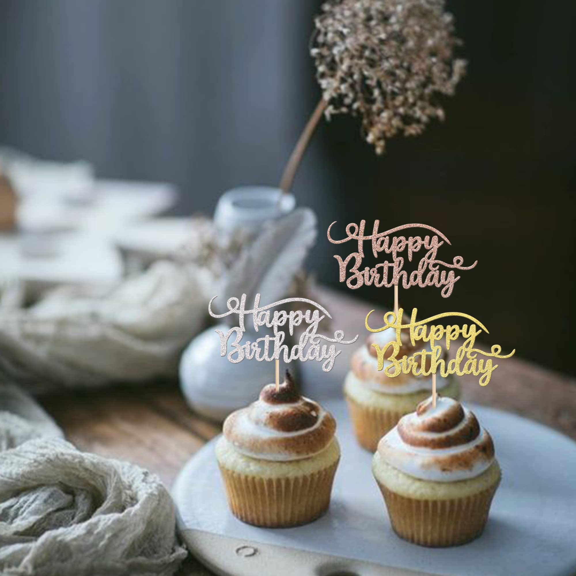 UXYOKM 24 Piezas De Decoración Para Cupcakes De Feliz Cumpleaños, Color Oro  Rosa, Con Purpurina, Decoración, image size:2000x2000