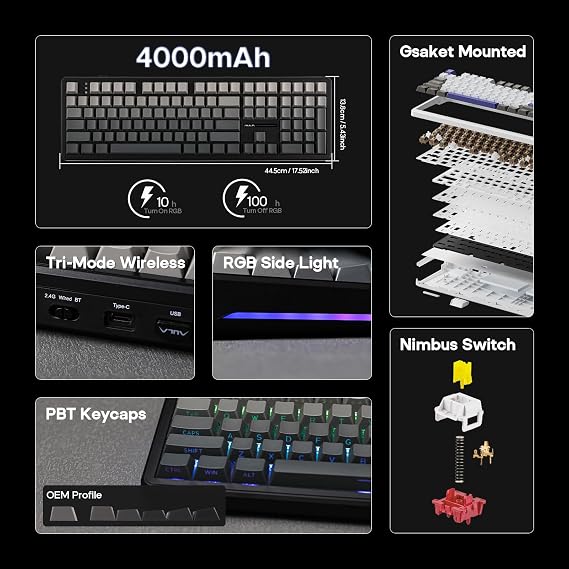 EPOMAKER Aula F108 Wireless Gaming Keyboard, Full Size Mechanical Keyboard with 4000mAh Battery, 108 Hot-Swappable and Programmable Keys, RGB Backlight, for Mac/PC/Android (Shadow Black)