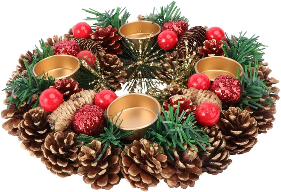 Cabilock Handmade Christmas Candleholder Wreath 27cm Stylish Evergreen Garland Decorative Desktop Candlestick for Holiday Table Centerpiece