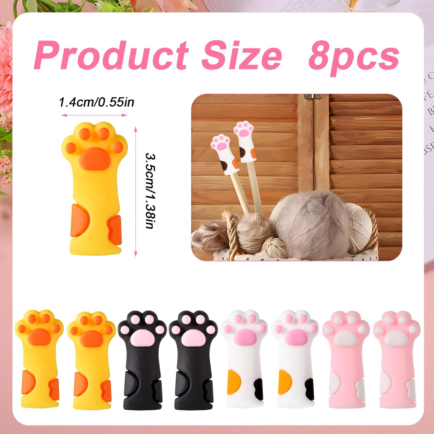 8pcs Cat Paw Knitting Needle Stoppers, Silicone Cute Knitting Needle Point Protectors Caps Stitch Needle Tip Covers Knitting Accessories for 11-17 (0.31-0.5 Inch) Needles (Color Combination 2) image 2