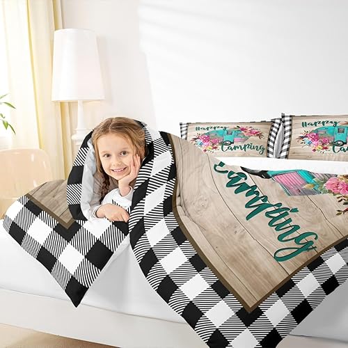 Miniatura 8 de Manfei - Juego de edredón para viajes en RV Happy Travelling de tamaño King, juego de cama para autocaravanas, aventuras en auto, 3 piezas para