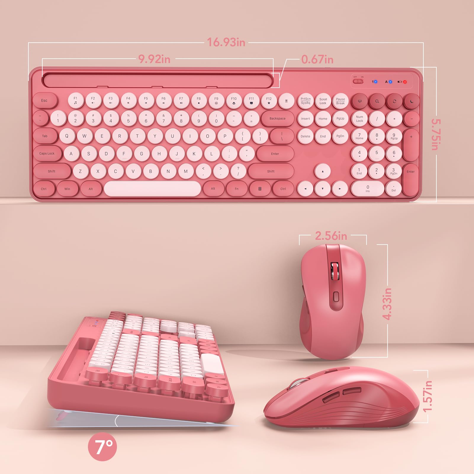 Wireless Keyboard and Mouse Combo, Retro Round Keycap Typewriter Keyboard with Phone/Tablet Holder, Cute Colorful Keyboard for Computer/Laptop/Windows/Mac by SABLUTE, Pink