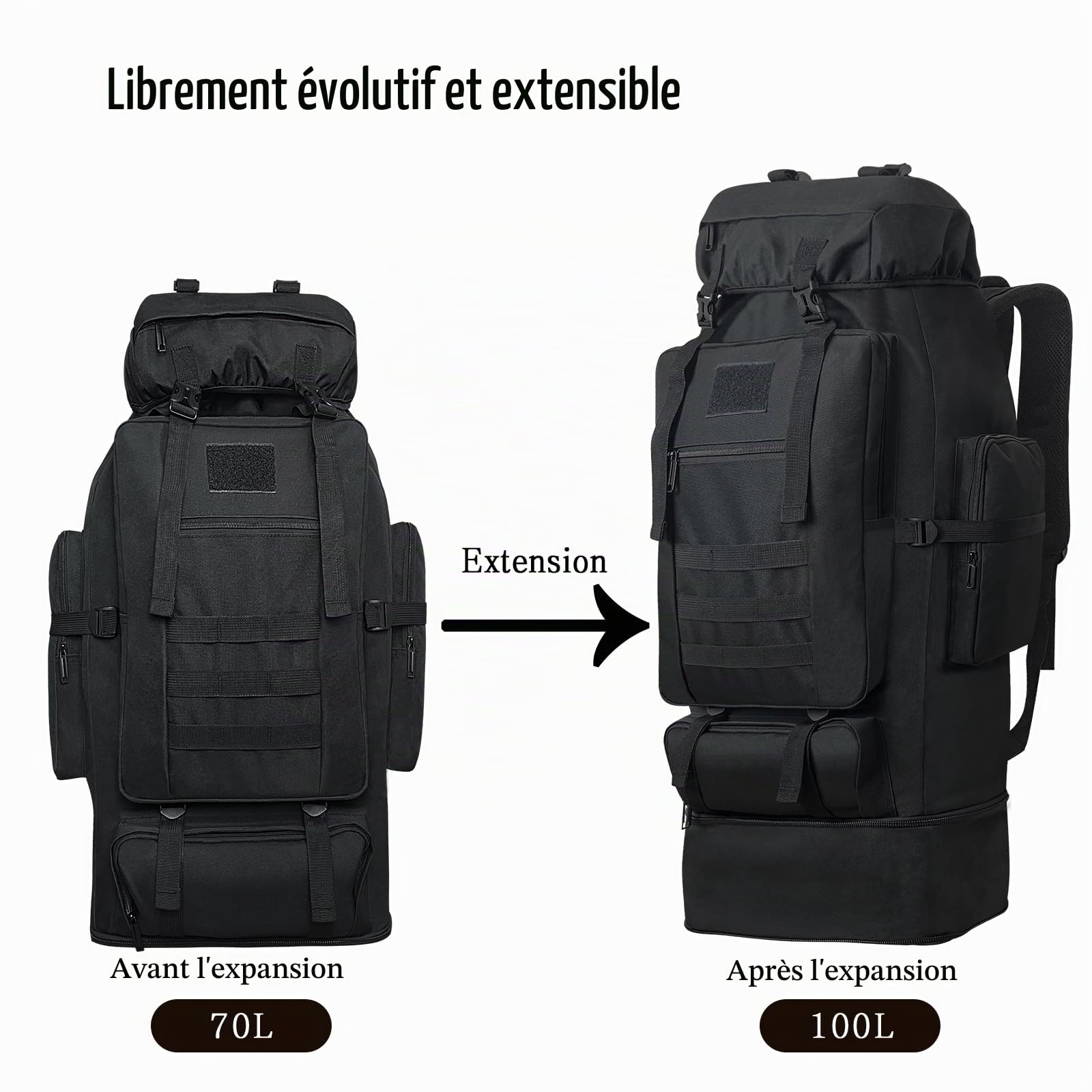Sac à Dos De Randonnée De Camping 100L, Sac à Dos Tactique Militaire Molle, Sac à Dos De Randonnée Extra Large, Sac à Dos De Voyage, Sacs de Trekking de Camping Résistants à l'eau (Noir)