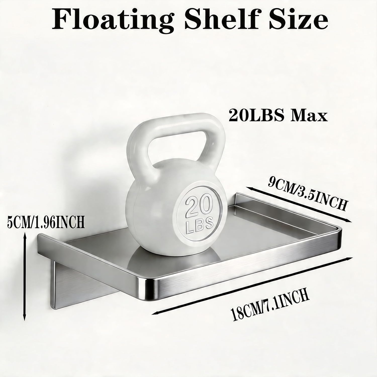 7.1x3.75in Small Floating Shelves for Wall for Cell Phone, Stainless Steel Bathroom Floating Shelf Wall Mount/Stick Mount for Kitchen Bedroom Office Storage Phone (Silver, 1 Pack)