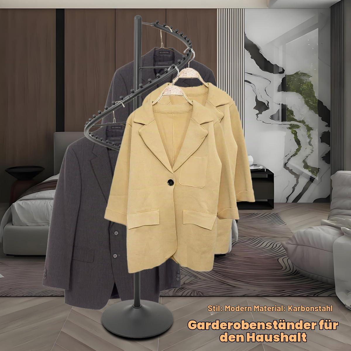 360° Drehbar Kleiderständer,180cm Spiral-Kleiderständer Freistehender Kleiderstange Metall Standkleiderstände, Multifunktional Garderobenständer für Schlafzimmer, Wohnzimmer, Geschäfte, Schwarz