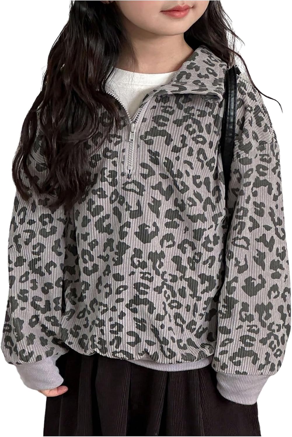 SHENHE Girl's Half Zip Pullover Leopard Print Long Sleeve Loose Fit Fall Sweatshirt Top