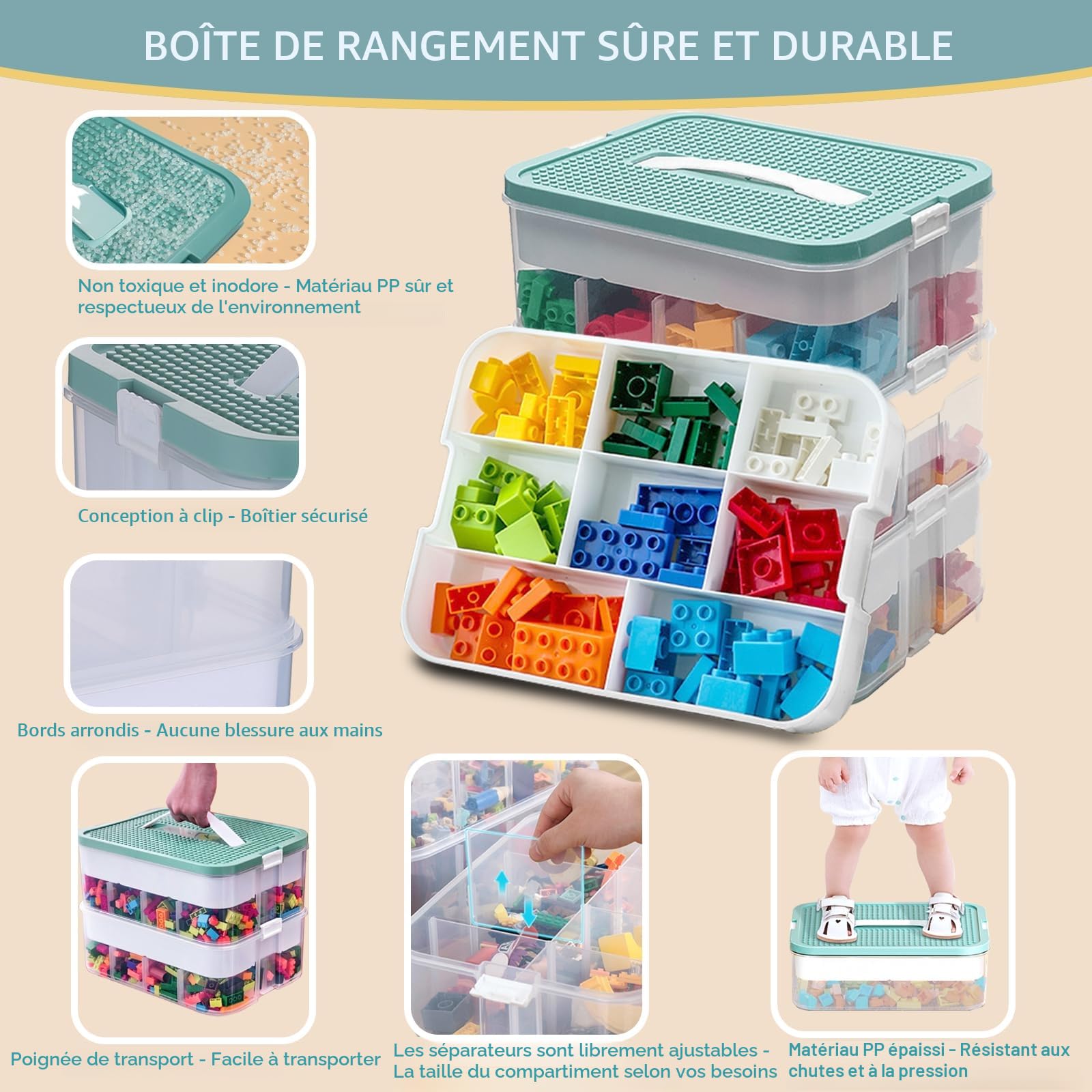 Harazaqa Boite Rangement Plastique Couvercle Lego Caisse Jouet Enfant 3 Couches Empilable Boîte Compartiment Transparente Jeux Bloc de Construction Magnetique Puzzle Box Exterieur Intérieurs Etanche