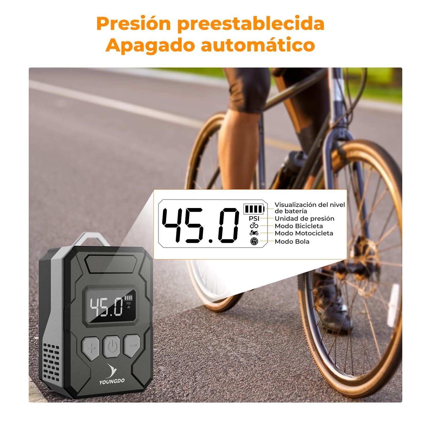 150PSI mini Bomba Bicicleta, YOUNGDO inflador electrico con Manómetro Digital, Función Auto Stop Tipo-C Bomba de Aire Eléctrica para Bicicleta con Válvula Presta y Schrader para Bicicleta, Moto, Balón