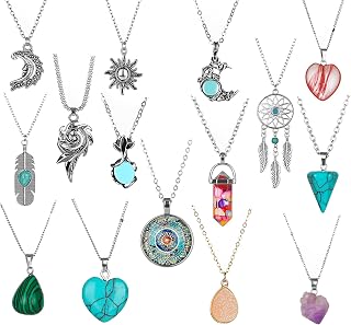 K&Q 15pcs Chakra Healing Necklace Set for Women - Crystal Sun Moon Carnelian Pendant Boho Vintage Bohemian Yoga Spiritual Jewelry Gift